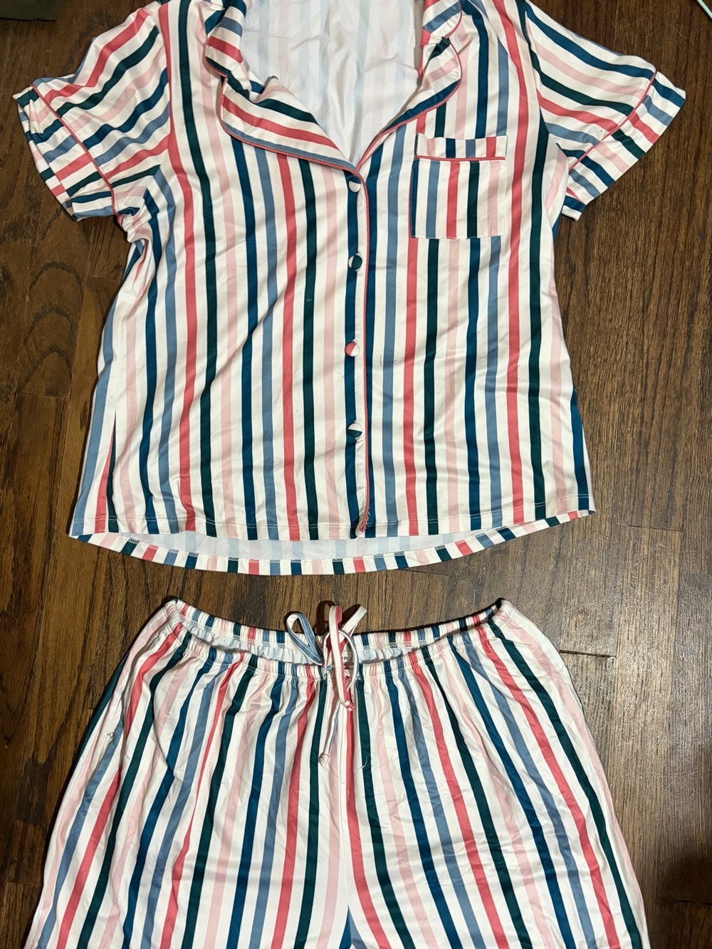 Women's Striped Two-Piece Pajama Set - Blue, Pink & White